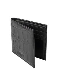 Cartera de cuero negro con un patrón de cocodrilo texturizado, que cuenta con múltiples slots para tarjetas y un diseño de dos pliegues. Acabado interior suave.