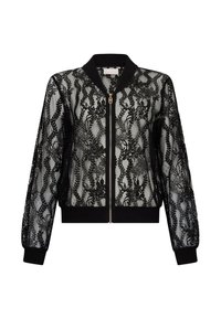 Bomber in pizzo nero con motivi floreali, tessuto trasparente, cerniera frontale, collo, polsini e orlo a costine.