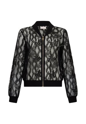 Bomber in pizzo nero con motivi floreali, tessuto trasparente, cerniera frontale, collo, polsini e orlo a costine.