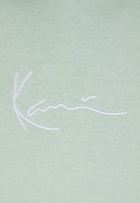Tessuto verde chiaro con una superficie liscia caratterizzato da una firma bianca ricamata. Il logo si sviluppa con linee curve.