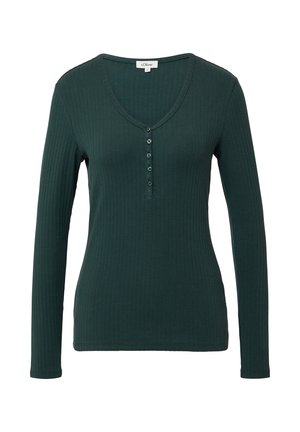 Groen, lang mouw ribgebreid shirt met een V-hals en een vijfknopen placket. Gemaakt van zachte stof met een slim-fit ontwerp.