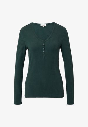 Groen, lang mouw ribgebreid shirt met een V-hals en een vijfknopen placket. Gemaakt van zachte stof met een slim-fit ontwerp.