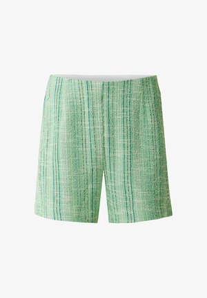 Jasnozielone szorty wykonane z teksturowanej tkaniny z niebieskimi i białymi pionowymi paskami, o prostym kroju i bez widocznych elementów metalowych.