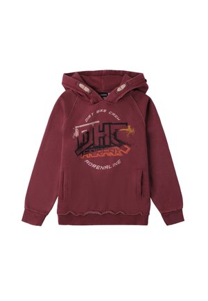 Ce sweat à capuche bordeaux présente un imprimé graphique avec le texte "Dirt Bike Crew" et "Adrenaline". Il comprend des poches latérales et un ourlet texturé.