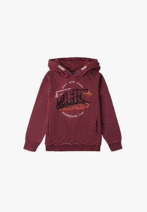 Sudadera con capucha de color marrón con un estampado gráfico que incluye el texto "Dirt Bike Crew" y "Adrenaline". Cuenta con bolsillos laterales y un dobladillo texturizado.