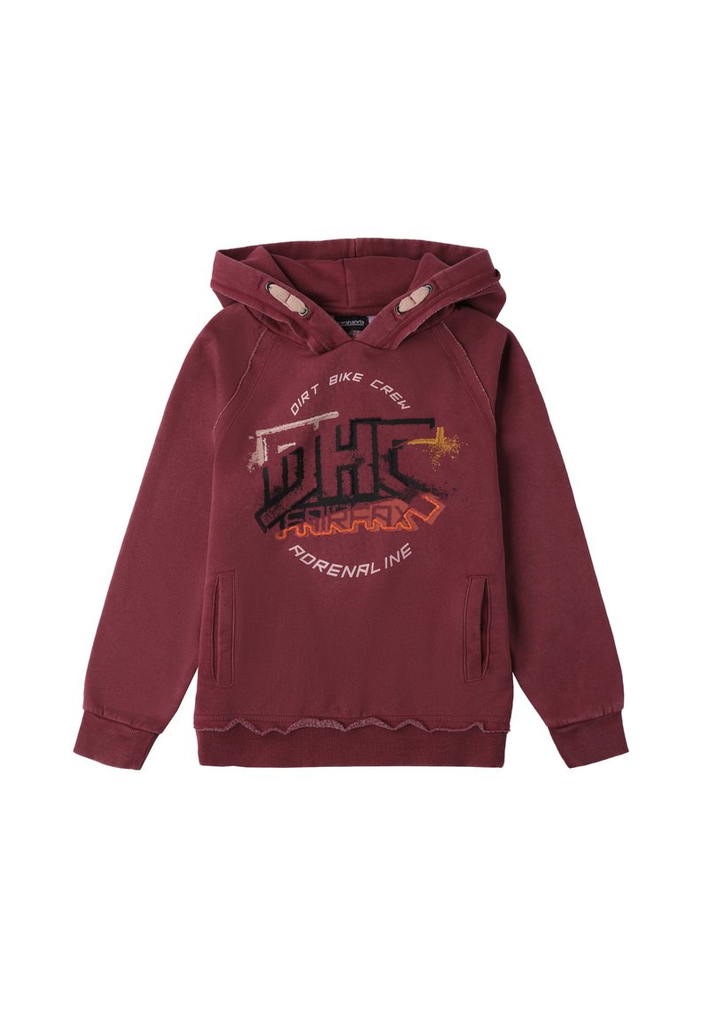 Felpa con cappuccio color bordeaux con una stampa grafica che riporta il testo "Dirt Bike Crew" e "Adrenaline". Include tasche laterali e orlo testurizzato.