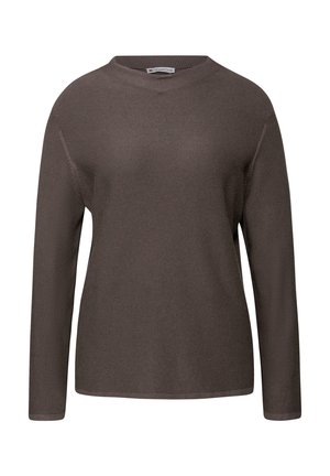 Brauner Langarmpullover mit gerippter Textur und Rundhalsausschnitt. Hat eine lockere Passform und genähte Details entlang des Saums und der Bündchen.