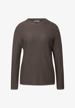 Brauner Langarmpullover mit gerippter Textur und Rundhalsausschnitt. Hat eine lockere Passform und genähte Details entlang des Saums und der Bündchen.