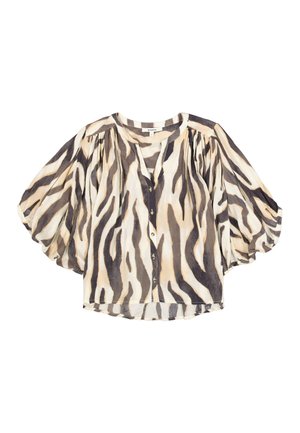 Blouse à manches courtes en tissu léger et transparent avec un motif à rayures zèbre beige et noir, dotée d'une patte de boutonnage devant et d'une coupe décontractée.