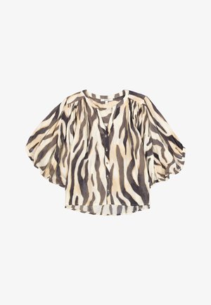 Blouse à manches courtes en tissu léger et transparent avec un motif à rayures zèbre beige et noir, dotée d'une patte de boutonnage devant et d'une coupe décontractée.