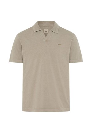 Beige short-sleeve polo shirt with a soft collar and V-neck, featuring a small Brax logo on the left chest.