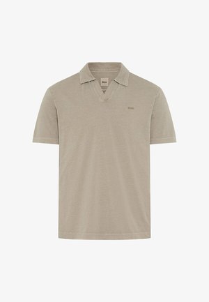 Beige short-sleeve polo shirt with a soft collar and V-neck, featuring a small Brax logo on the left chest.