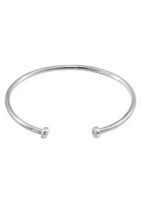 Silver metal cuff bracelet with a simple, open design featuring flat-ended accents on each side, smooth texture, and polished finish.
