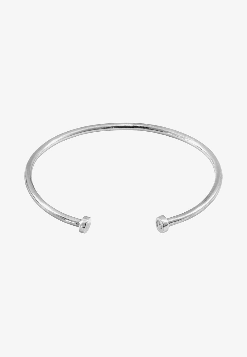 Silver metal cuff bracelet with a simple, open design featuring flat-ended accents on each side, smooth texture, and polished finish.