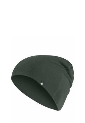Dark green knitted beanie with a small black and white brand logo tag on the front side.
