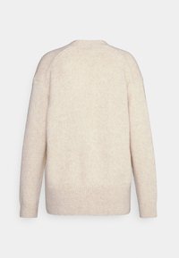 Sweater en tricot beige, avec une texture douce, coupe décontractée et ourlet côtelé. Présente des manches raglan et un motif marbré subtil.