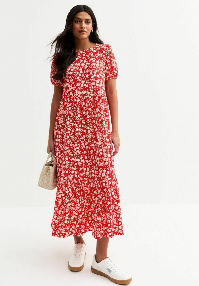 New Look CRINKLED FLORAL PRINT BOW BACK MIDI - Vestito casual - red pattern