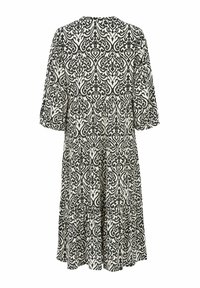 Schwarz-weiß gemustertes Kleid mit halben Ärmeln, Rundhalsausschnitt, ausgestelltem Design und einem strukturierten Stoff mit kunstvollen Motiven.