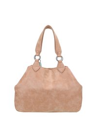 Beige suède handtas met twee hengsels, zilveren hardware en accentdetails. Zachte textuur, brede opening en ontspannend ontwerp.