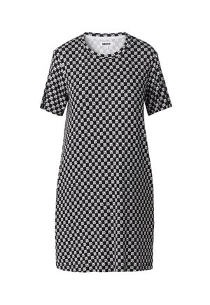 Black and white short-sleeve dress with all-over repeating "DKNY" logo pattern and a round neckline.
