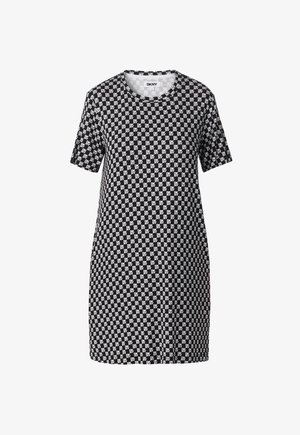 Robe noir et blanc à manches courtes avec un motif répétitif du logo "DKNY" sur toute la surface et un col rond.