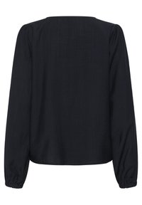 Blouse noire à manches longues avec un décolleté carré, en tissu texturé, et détails froncés au niveau des poignets. Le dos est lisse et sans ornement.
