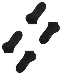 Schwarze Baumwollknöchelsocken mit einem gerippten Bündchen, das eine glatte Textur und ein dezentes Logo an der Seite zeigt. Vier Paare asymmetrisch angeordnet.