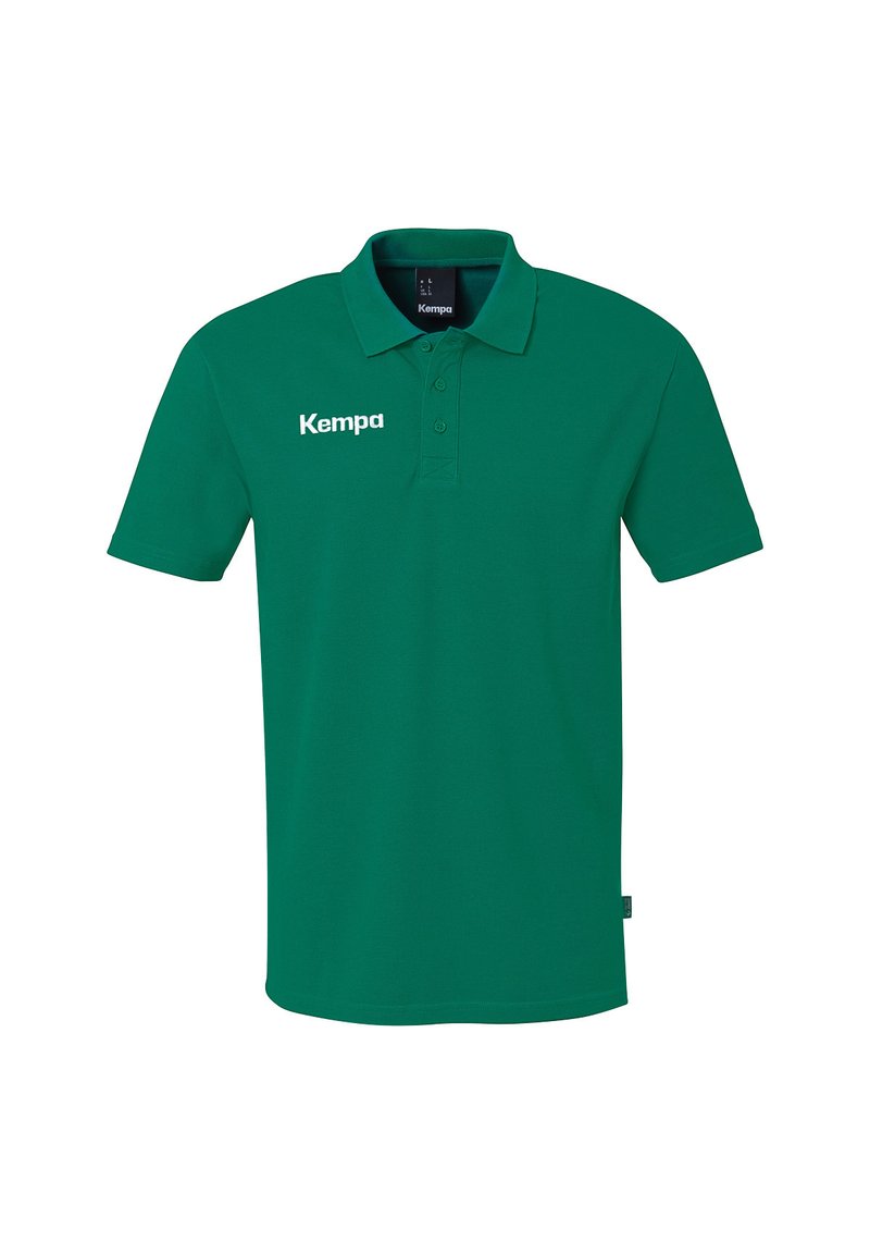 Groene polo shirt van ademend materiaal met een drieknoopsluiting, korte mouwen en een wit "Kempa" logo op de linkerborst.