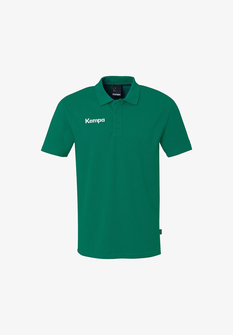 Groene polo shirt van ademend materiaal met een drieknoopsluiting, korte mouwen en een wit "Kempa" logo op de linkerborst.