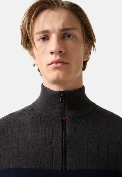 Dunkelgrauer gerippter Strickzipper mit hohem Kragen, schwarzem Reißverschluss und horizontalem navyblauen Streifen am Saum. Glatte Textur.