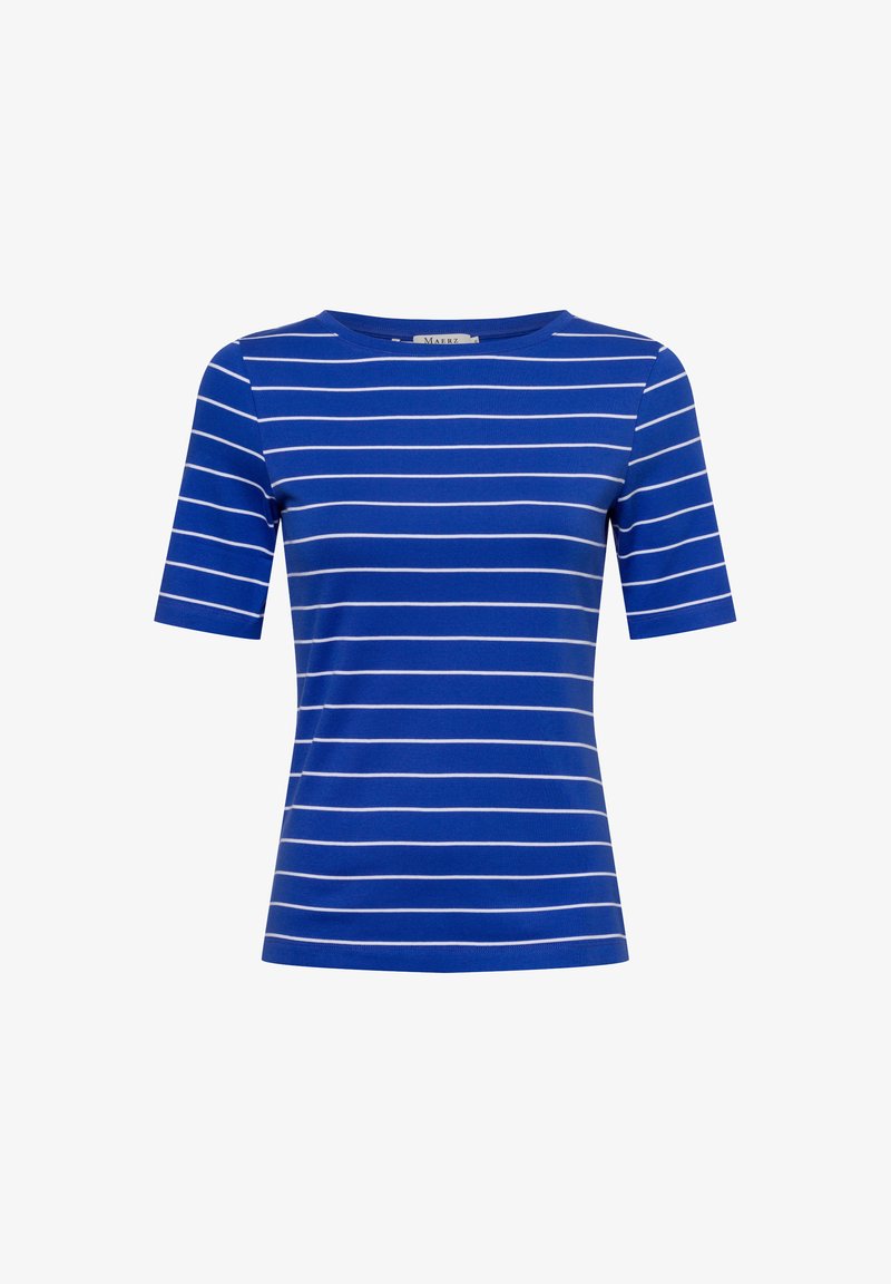 Modré tričko s krátkým rukávem s bílými vodorovnými pruhy, kulatým výstřihem a přiléhavým střihem. Vyrobeno z měkké, prodyšné tkaniny.