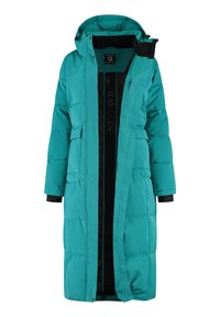 Lange teal kleurige pufferjas met capuchon, rits aan de voorkant, klepzakken en zwart innerlijk, ontworpen voor bescherming tegen koude weersomstandigheden.