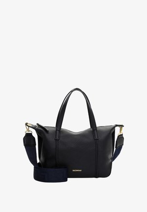 Sac à main en cuir noir avec double poignée, fermeture éclair, et bandoulière en tissu ajustable ornée d'un motif géométrique. Accent logo doré à l'avant.