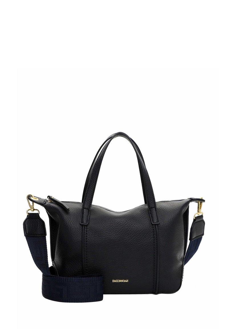 Czarna skórzana torebka na dwa uchwyty, z zamkiem błyskawicznym i regulowanym paskiem materiałowym z geometrycznym wzorem. Złote logo z przodu.