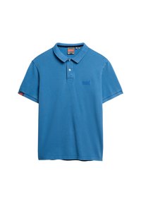 Polo shirt bleu à manches courtes en coton. Comprend un col classique, une patte de boutonnage à trois boutons et un petit logo brodé sur la poitrine.