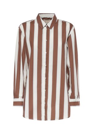 Camicia a maniche lunghe con bottoni, con righe verticali marroni e bianche e collo classico su sfondo bianco.