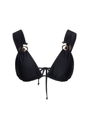 Black bikini top with triangular cups, gathered fabric, adjustable ties, and unique metal accents on wide straps. Smooth texture and minimalistic design.