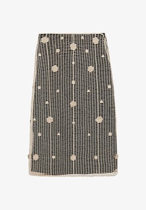 Black skirt with a grid pattern, featuring beige floral embroidery accents and a straight cut. Textured fabric with a hemmed edge.