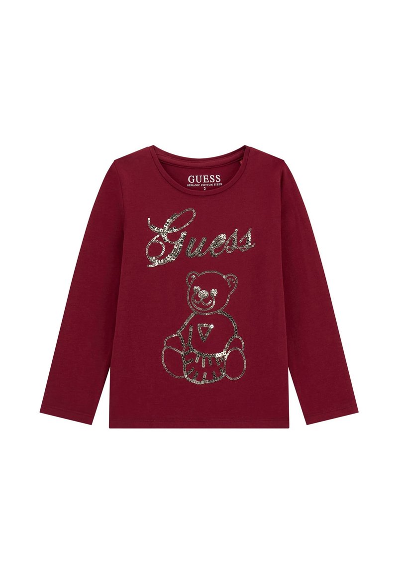 Camicia a maniche lunghe bordeaux con logo "Guess" in paillettes argentate e design di orsacchiotto sul davanti, realizzata in fibra di cotone biologico.