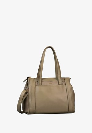 Sac à main en cuir beige avec deux anses, fermeture éclair et coutures discrètes. Comprend une bandoulière amovible et une forme structurée.