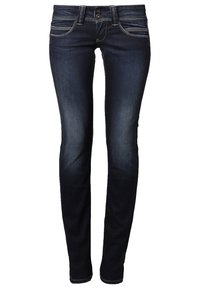 Mörkblå denimjeans med en åtsittande design, som har fem fickor, kontrasterande sömmar och en knappstängning i midjan.