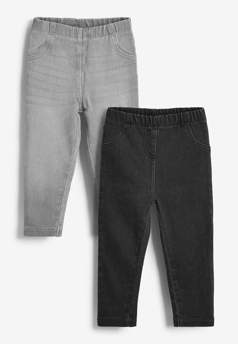 Pantalon en denim léger gris et noir. Les deux présentent des ceintures élastiques, de fausses poches avant et une coupe ajustée.