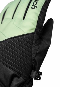 Schwarze und mintgrüne Winterhandschuhe mit strukturiertem schwarzen Stoff und gerippten Akzenten, verstellbarem Riemen und verstärkten Nähdetails.