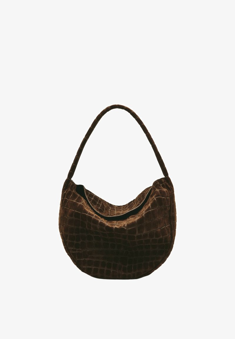 Brown soft fabric handbag with crocodile texture and a single curved handle.