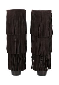 Dark brown suede leg warmers with layered fringe detailing. Soft texture, cylindrical shape, and a solid base for stability.