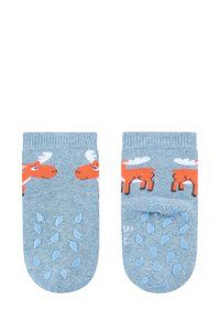 Blaue Socken mit einem orangefarbenen Elch-Muster an der Oberseite, ausgestattet mit gummierten Grifflinien auf der Sohle für besseren Halt. Aus weichem Strickstoff gefertigt.