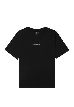 Zwarte katoenen t-shirt met een ronde hals en korte mouwen. Heeft de tekst "TOMORROWLAND" in het wit gedrukt op de voorkant.