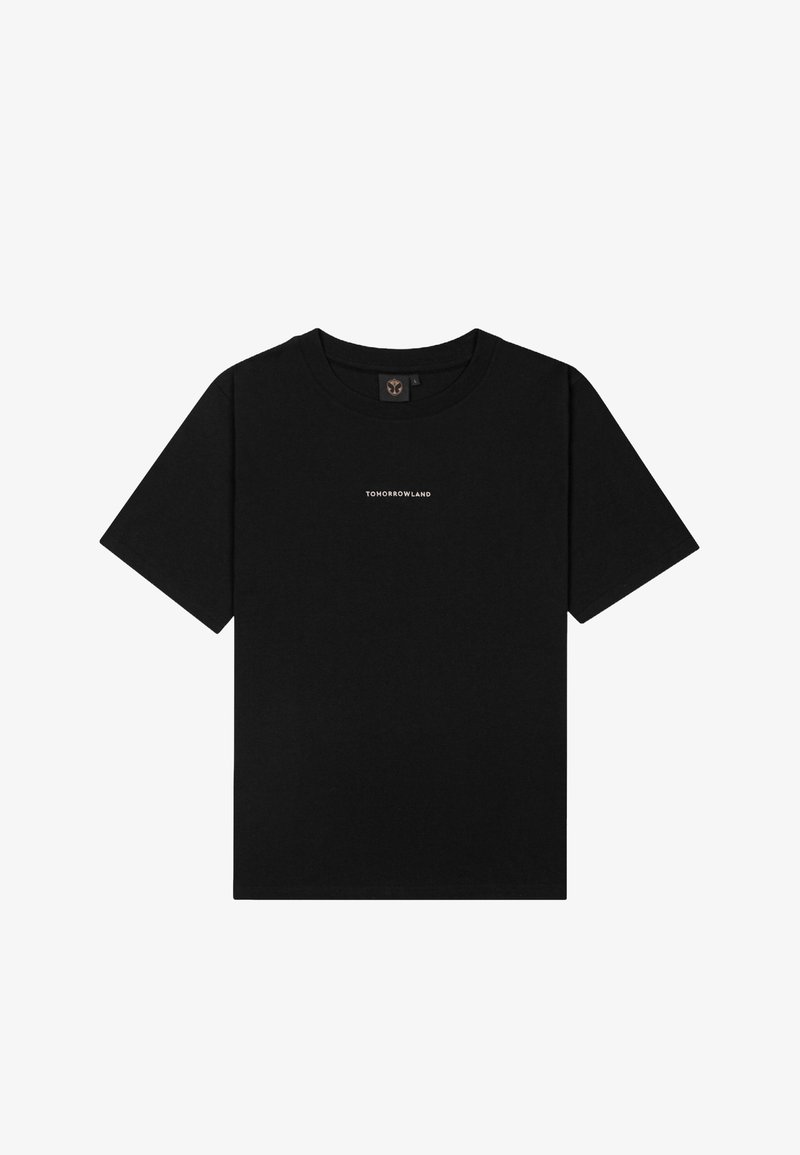 Zwarte katoenen t-shirt met een ronde hals en korte mouwen. Heeft de tekst "TOMORROWLAND" in het wit gedrukt op de voorkant.