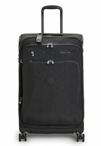 Valigia nera soft-side con diverse tasche con cerniera, manico telescopico, quattro ruote e finitura testurizzata. Presenta il logo sul davanti.
