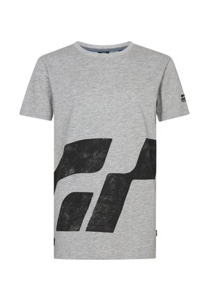 Camiseta de algodón gris con un gran diseño gráfico negro en la parte frontal, mangas cortas y un cuello redondo clásico. Etiqueta en la manga izquierda.